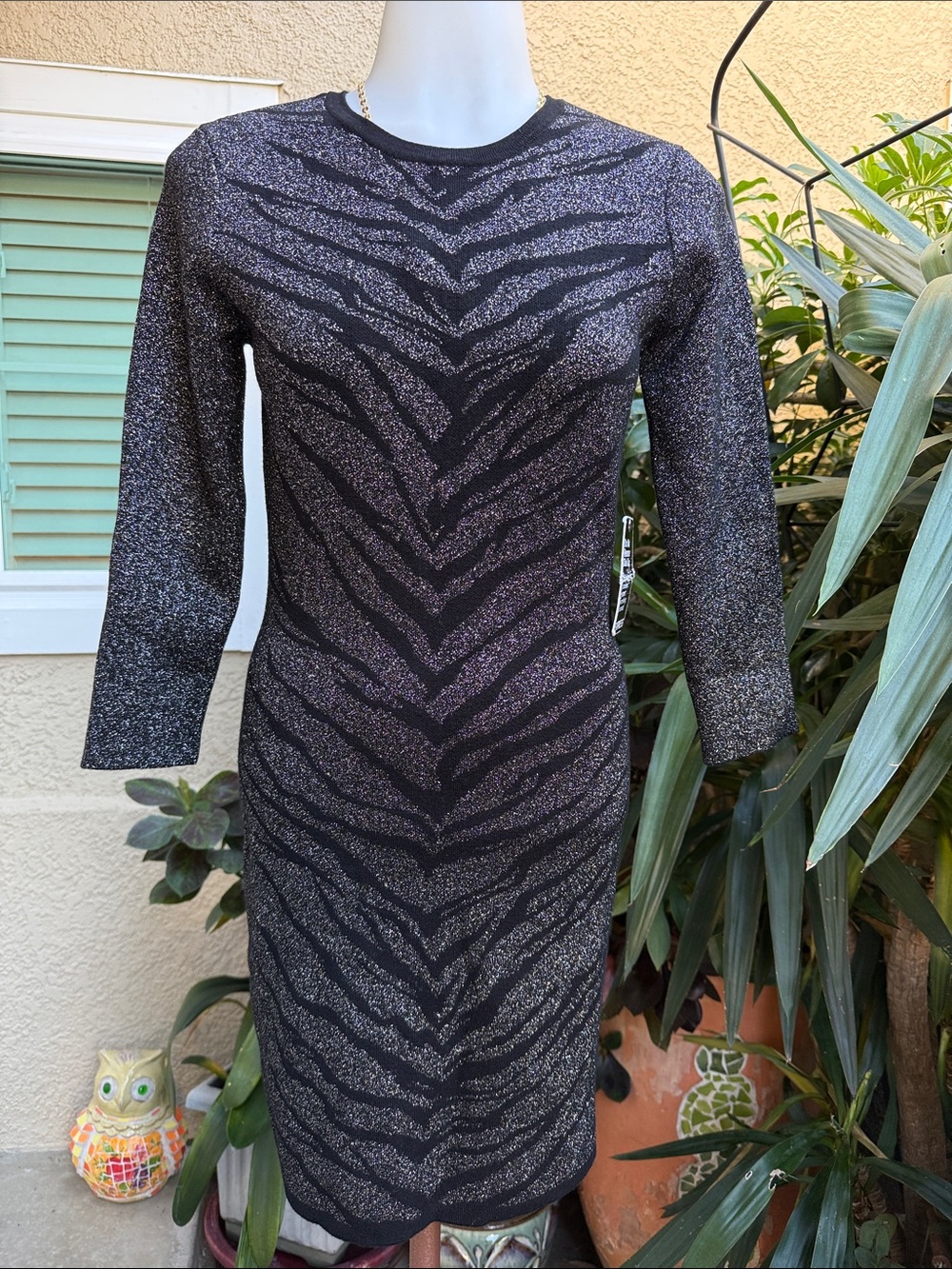 New Vintage Y2K Express Black Metallic Animal-Print Bodycon Knit Dress
